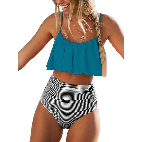Cupshe Women's  Falbala Bikini XXL Teal ruffled top adjustable straps - Picture 1 of 13